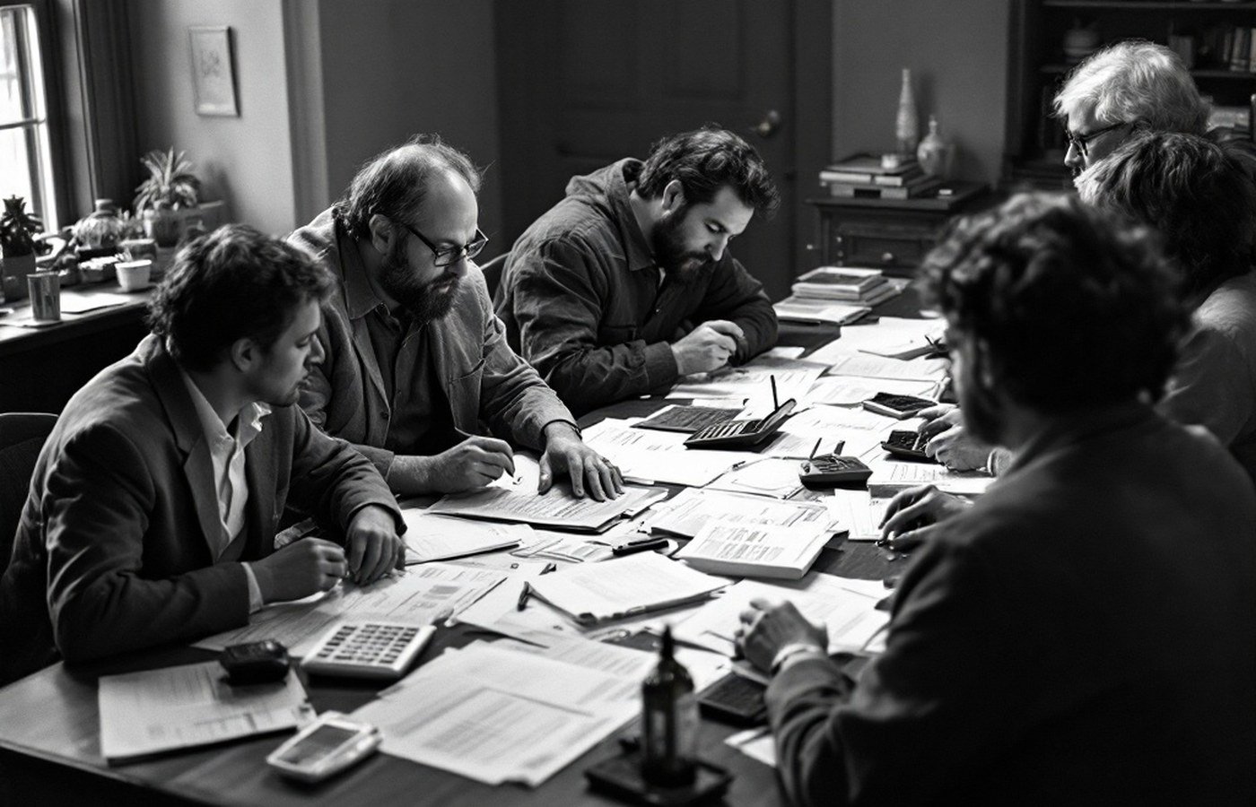 Volunteers reviewing budget documents together