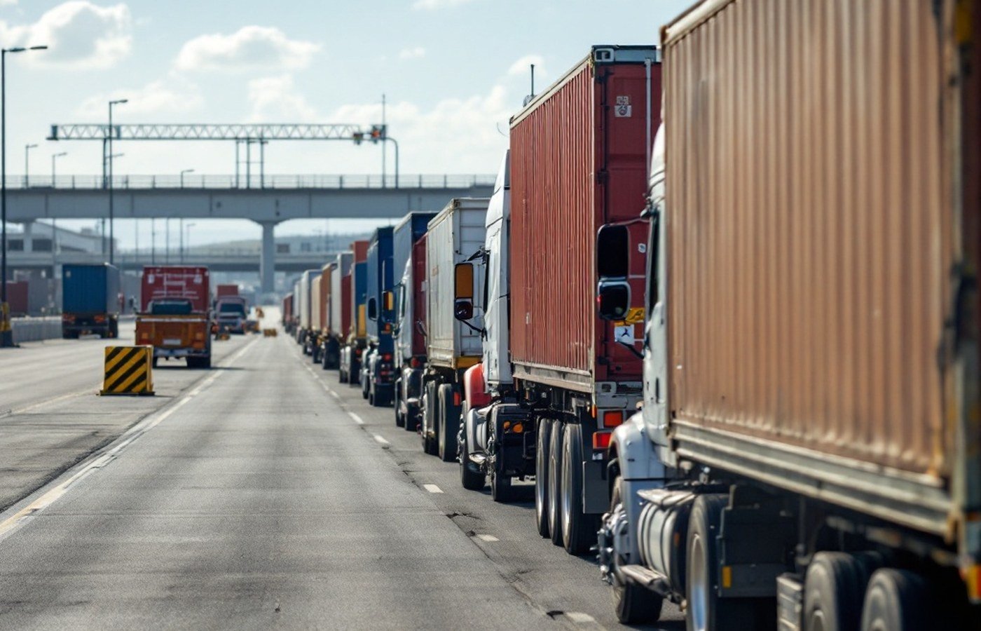 Freight trucks at a border trade crossing