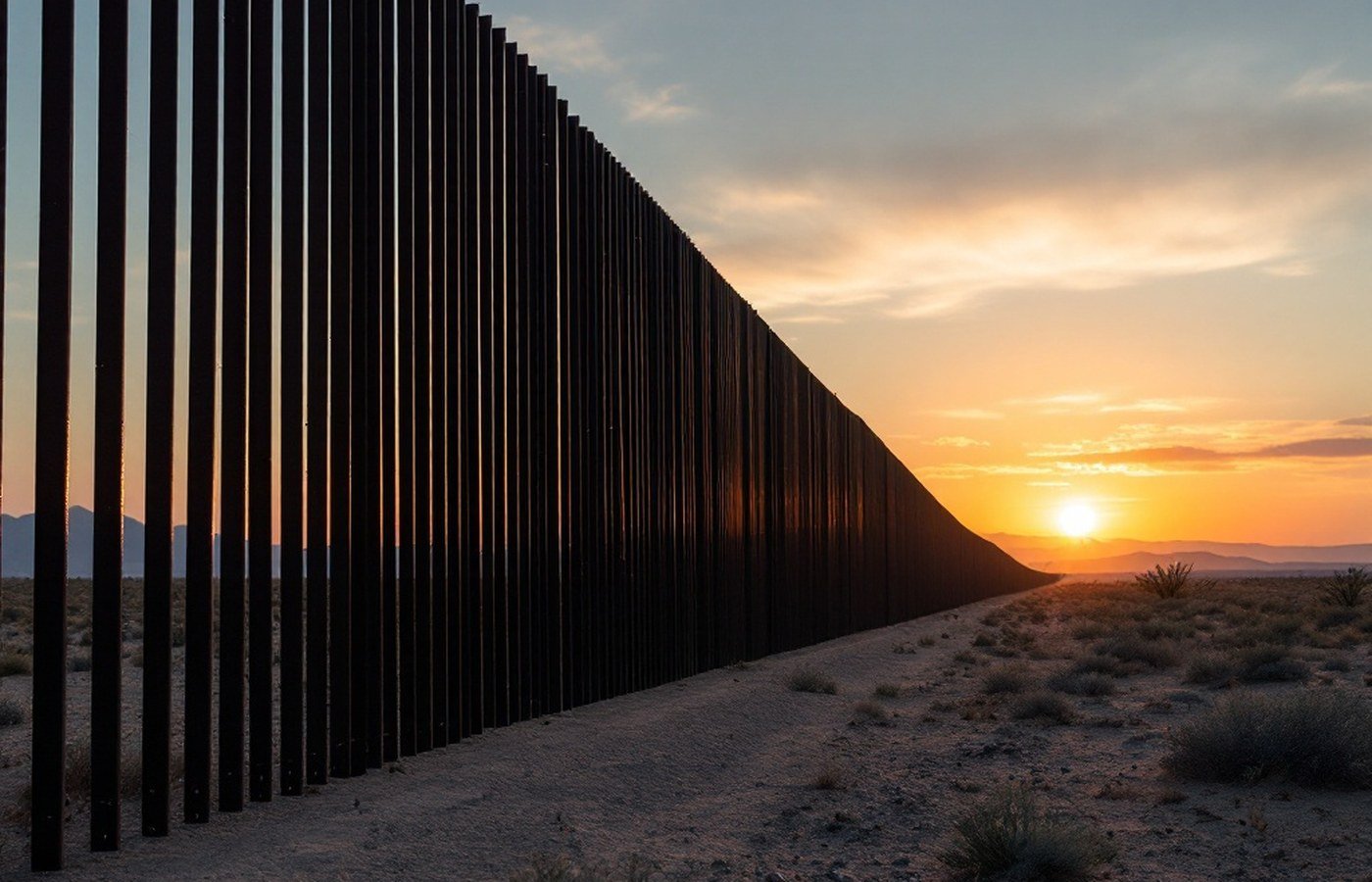 Border wall stretching across the desert