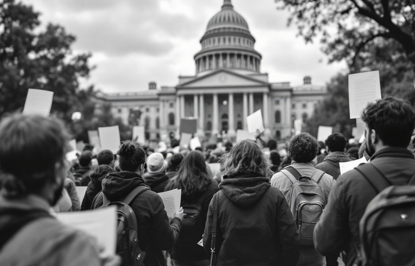 Citizens gathered outside a government building
