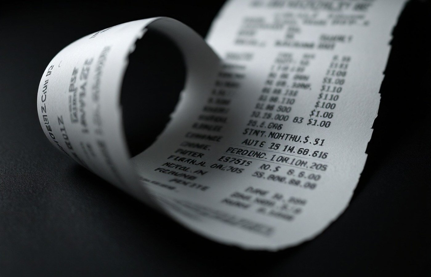 A long receipt curling across a dark background