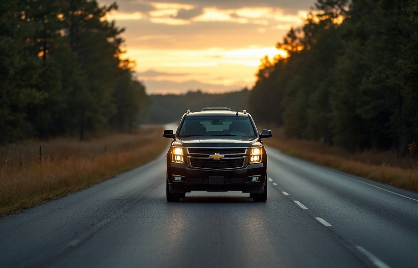 A government vehicle on a rural highway