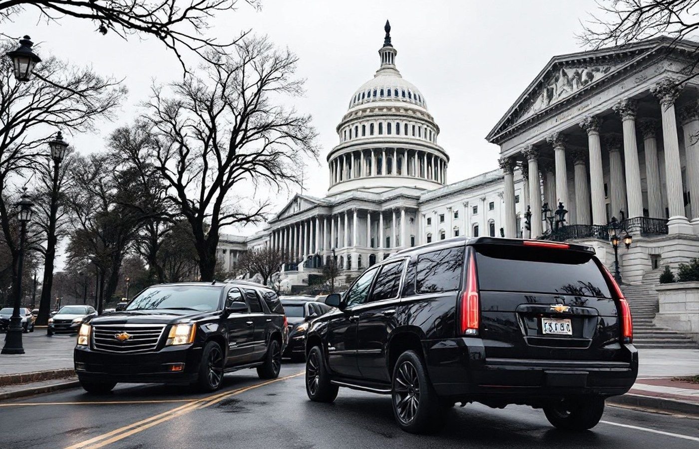 A government motorcade outside a federal building