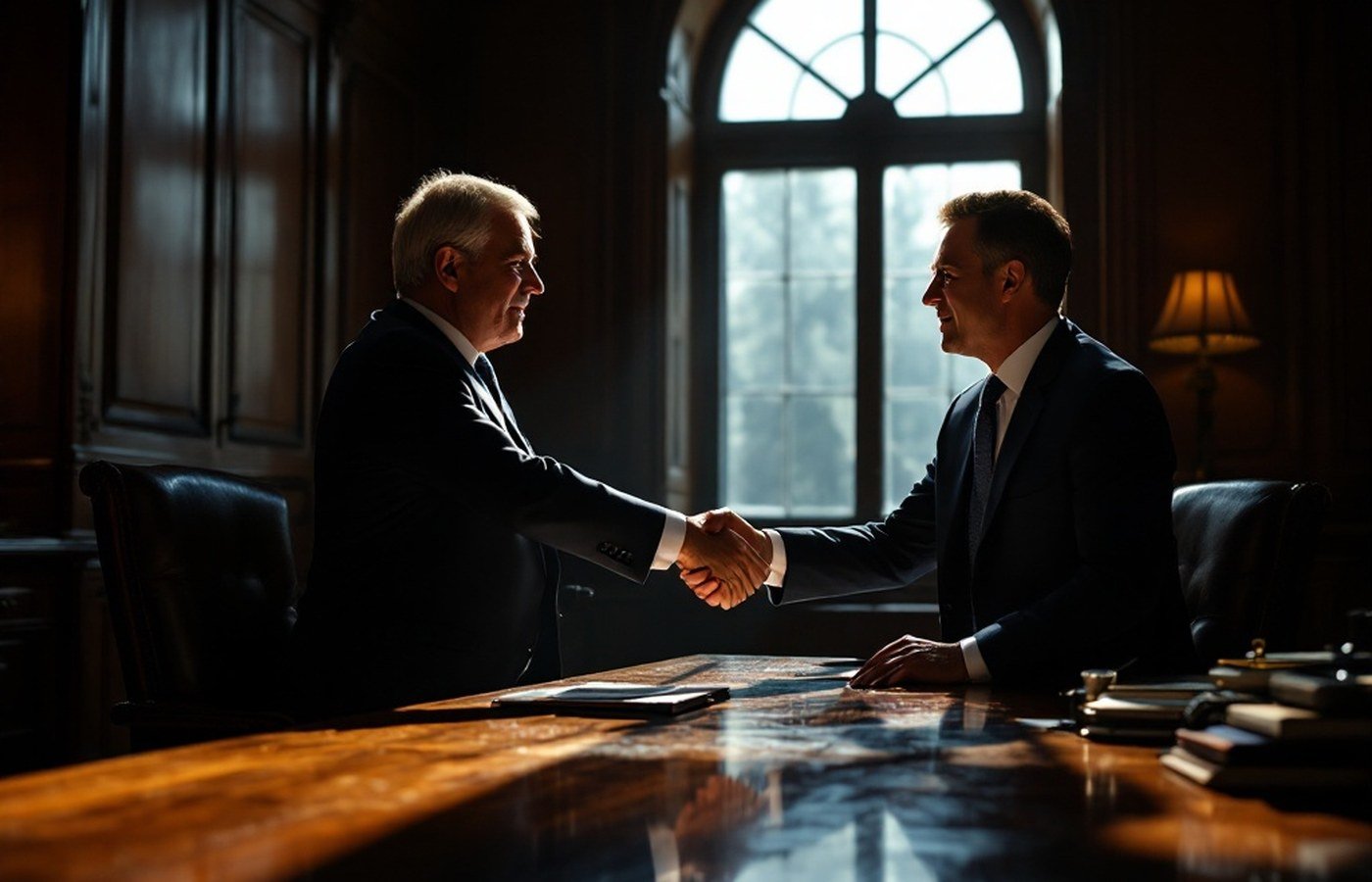 A handshake in a wood-panelled office